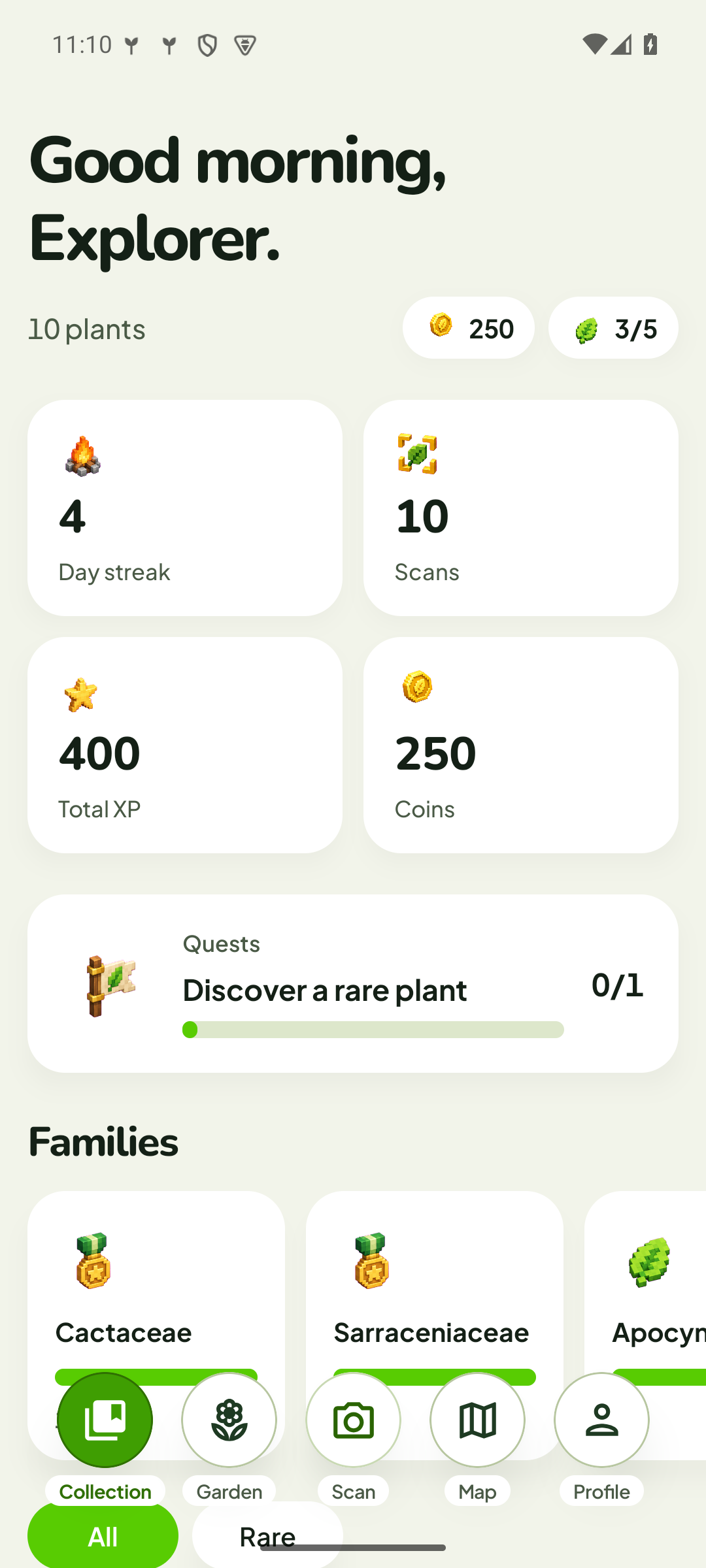 Plantmon collection showing saved plant species