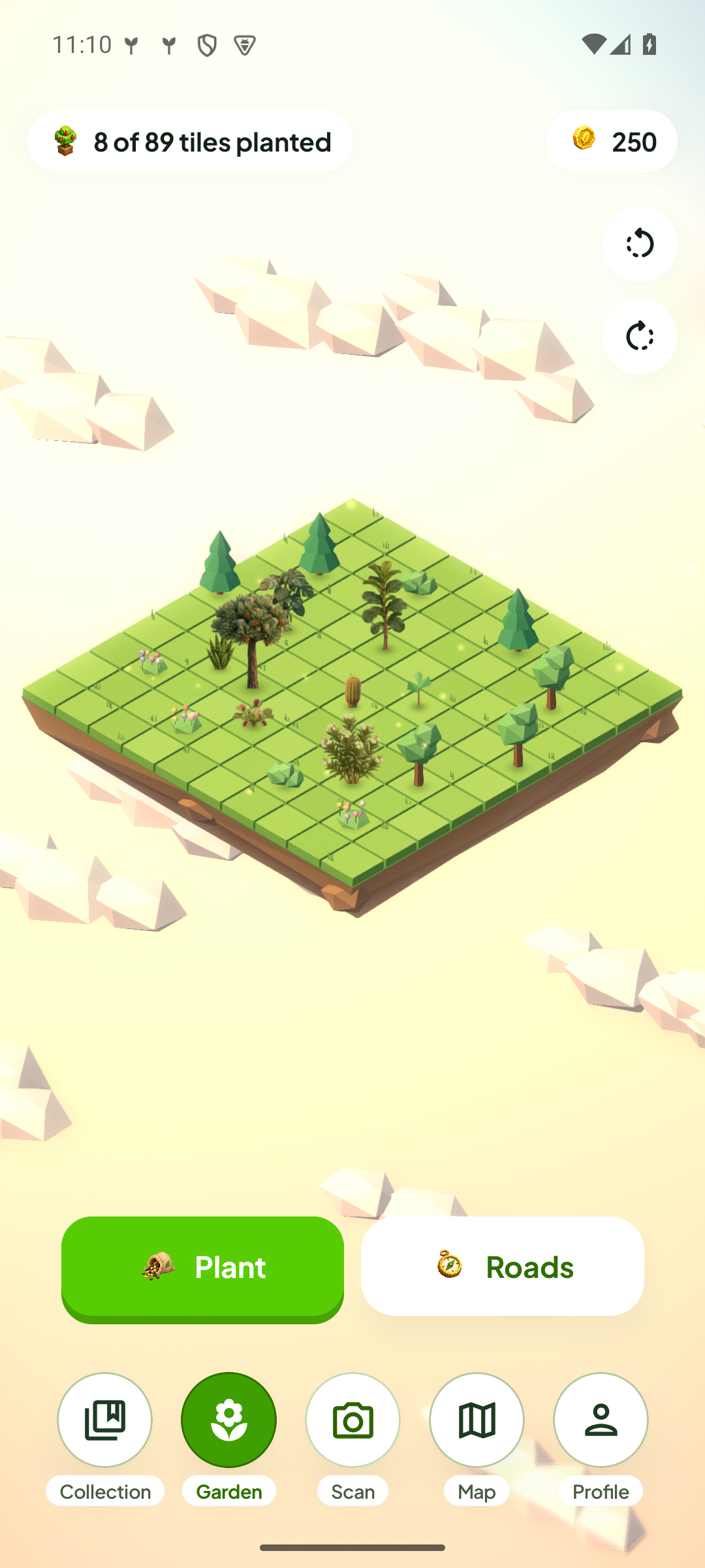 Plantmon island garden with low-poly plants, coins, and planting controls